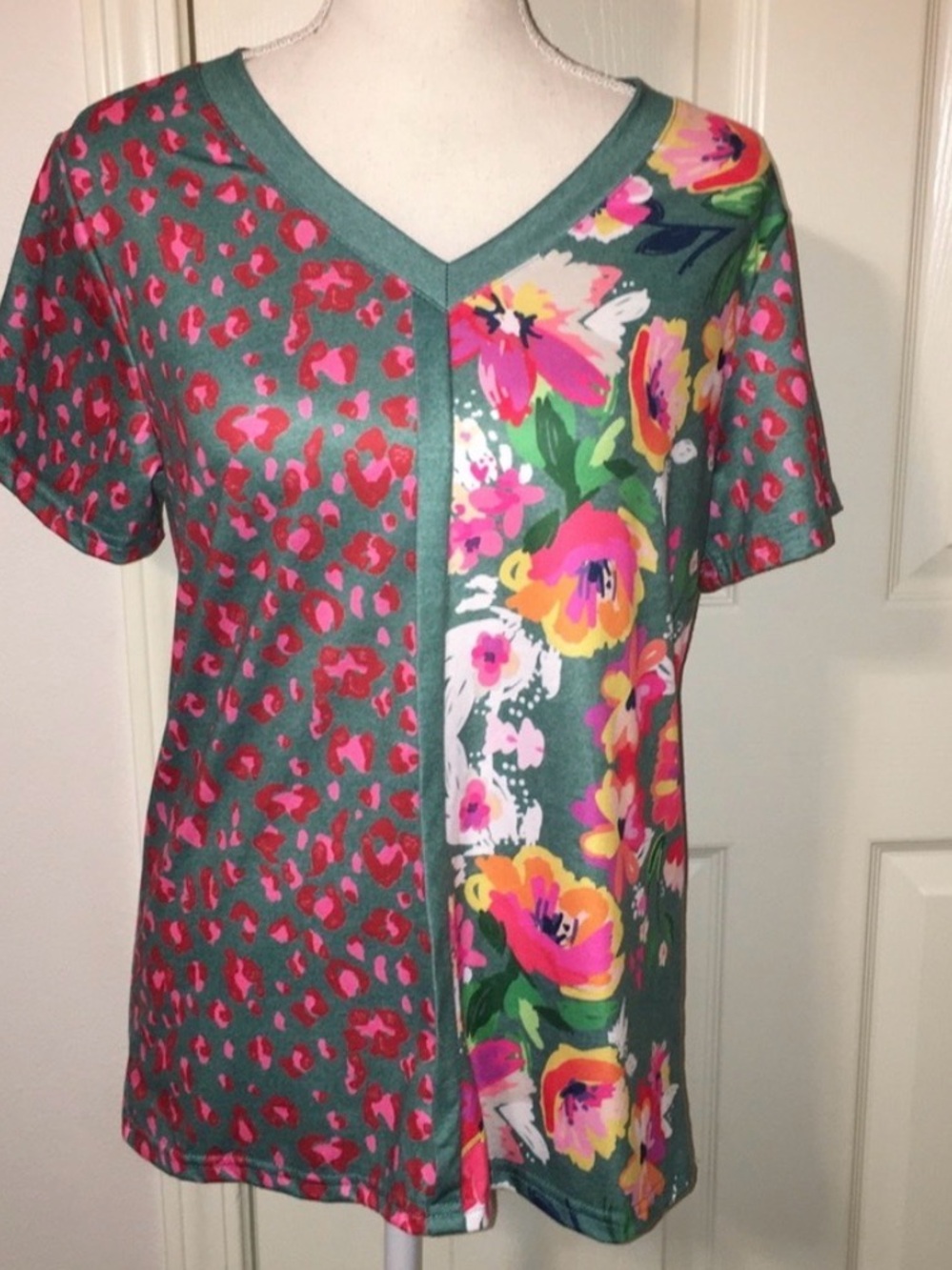 V-Neck Short Sleeve Top with Teal, Pink & Floral Panel